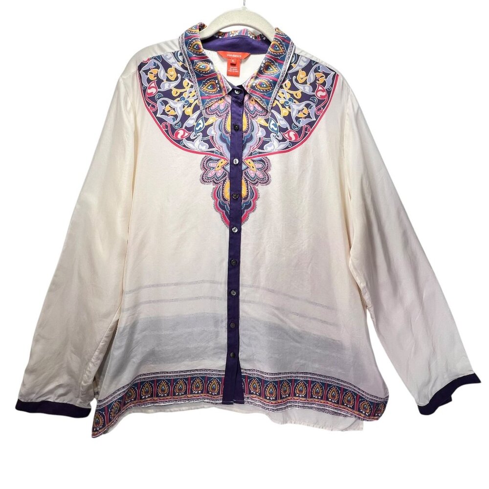 Sundance XL 100% Silk Button Up Blouse Ivory Whimsical Paisley Semi Sheer Collar